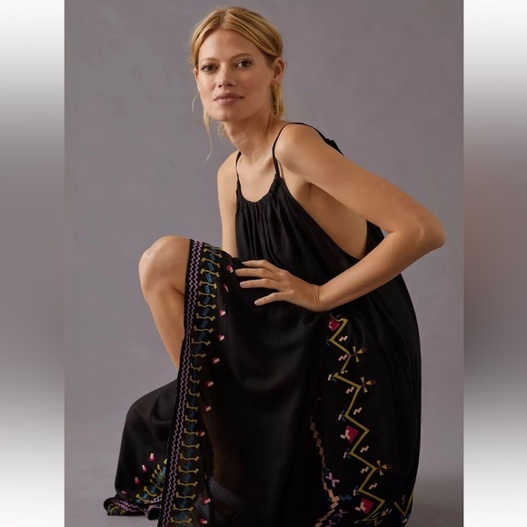 By Anthropologie Embroidered Halter Maxi Dress in Black Size XS - Picture 1 of 10